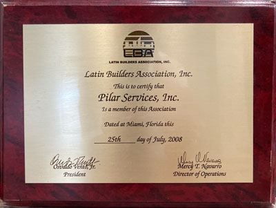 Plaque certifying that Pilar Services is a member of the Latin Builders Association