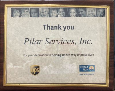 Framed picture thanking Pilar Services for our dedication to helping United Way improve lives.